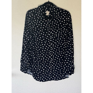 Chicos 3 XL (16/18) Black White Polka Dot Button Front Blouse Long Sleeve